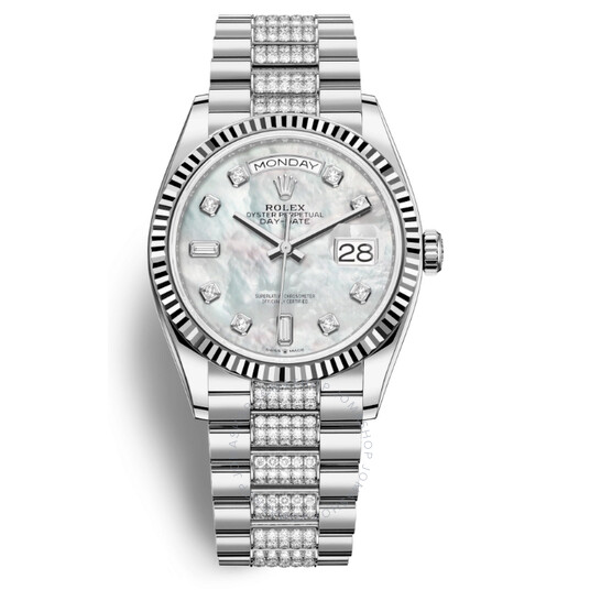 Rolex Day-Date 36 Mother of Pearl Dial 18kt White Gold Diamond Set President Watch 128239MDDP