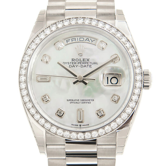 Rolex Day-Date 36 Mother of Pearl Diamond Dial 18kt White Gold President Watch 128349MDP