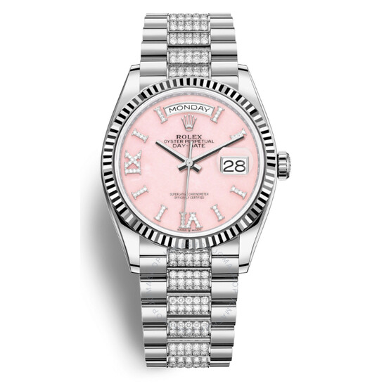 Rolex Day-Date 36 Pink Dial 18kt White Gold Diamond Set President Watch 128239DSDP