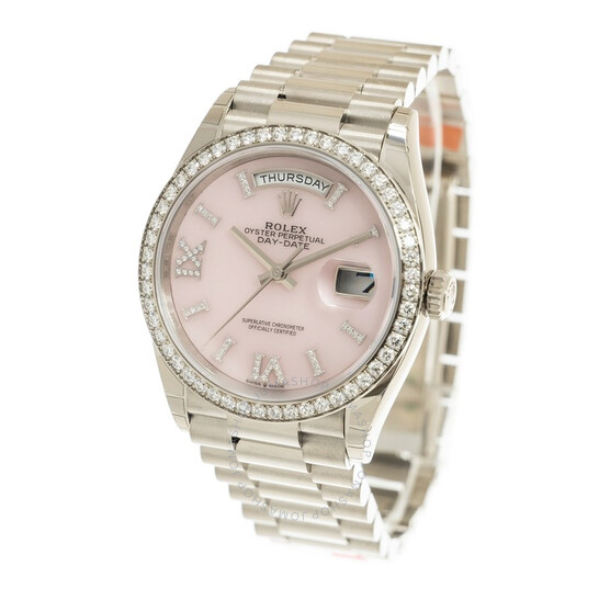 Rolex Day-Date 36 Pink Opal Diamond Dial 18kt White Gold President Watch 128349PRSDP