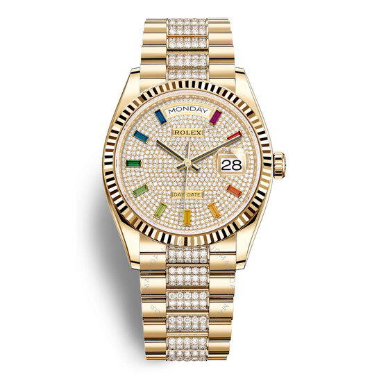 Rolex Day-Date 36 Rainbow Baguette Dial 18kt Yellow Gold Diamond-Set President Watch 128238DSDP