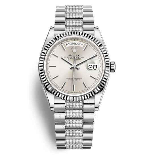 Rolex Day-Date 36 Silver Dial 18kt White Gold Diamond-Set President Watch 128239SSDP