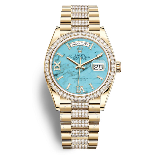 Rolex Day-Date 36 Turquoise Dial Automatic 18kt Yellow Gold Diamond Set President Watch 128348TQRSDP