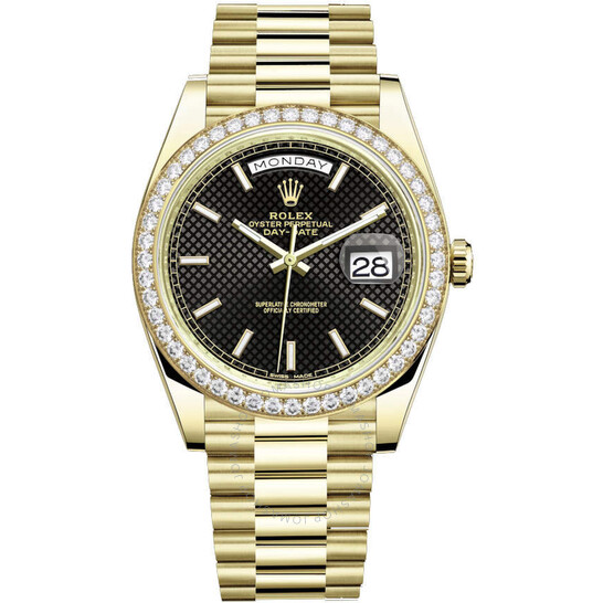 Rolex Day-Date 40 Automatic Black Diagonal Motif Dial Men’s 18kt Yellow Gold President Watch 228348BKSP