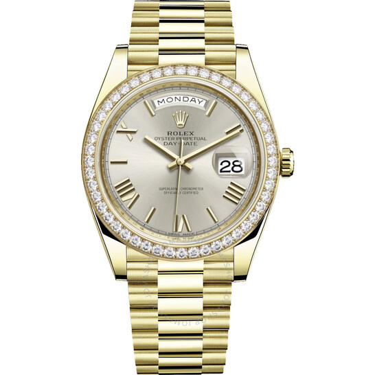 Rolex Day-Date 40 Silver Diagonal Motif Dial Automatic Men’s 18kt Yellow Gold President Watch 228348SRP