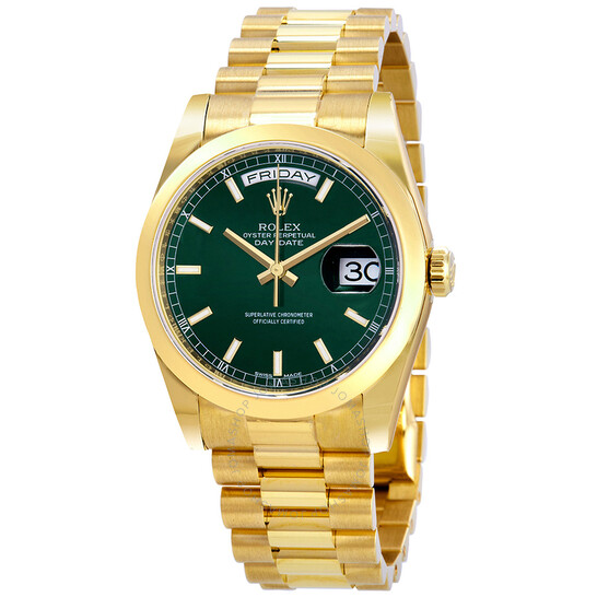 Rolex Day-Date Automatic Green Dial Men’s 18kt Yellow Gold President Watch 118208GNSP