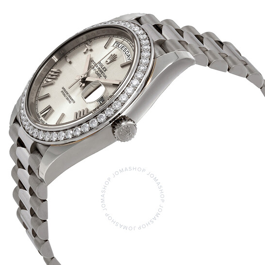 Rolex Day-Date Automatic Silver Dial Men’s 18kt White Gold Diamond President Watch 228349SRP