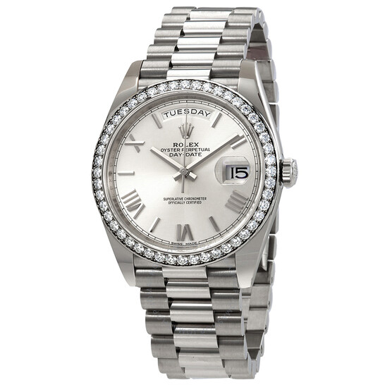 Rolex Day-Date Automatic Silver Dial Men’s 18kt White Gold Diamond President Watch 228349SRP