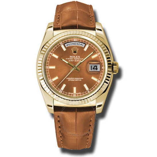 Rolex Day Date Cognac Dial 18K Yellow Gold Leather Men’s Watch 118138COL