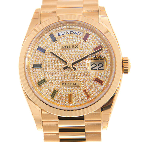 Rolex Day-Date President Yellow Gold Paved-Rainbow Automatic Chronometer Diamond Ladies Watch 128238-0051