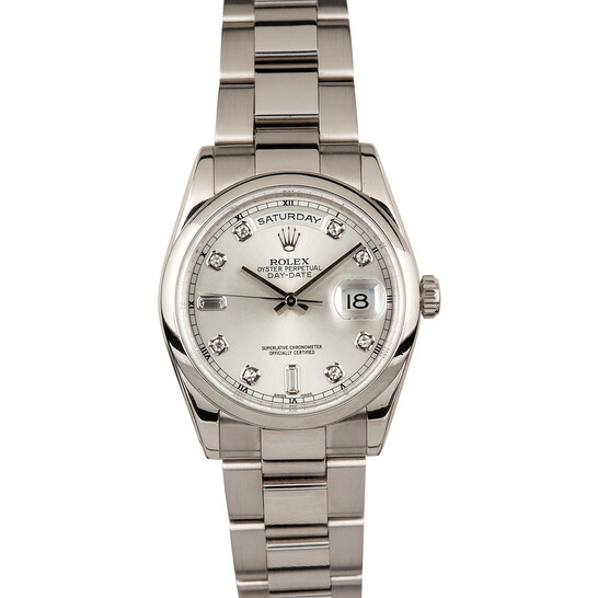 Rolex Day-Date Silver With Diamonds Dial 18K White Gold Oyster Bracelet Automatic Men’s Watch 118209SDO