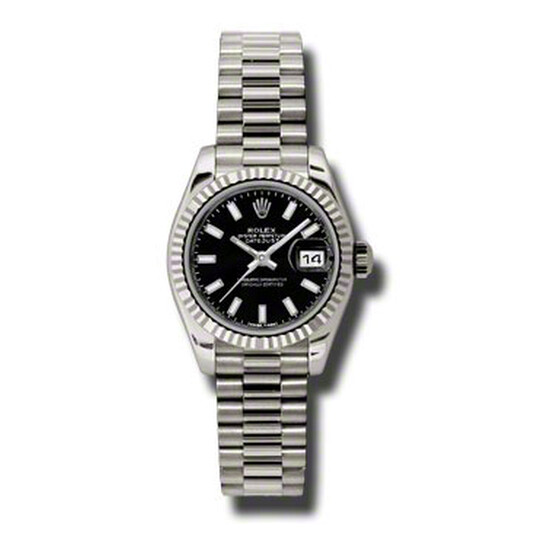 Rolex Lady-Datejust 26 Black Dial 18K White Gold President Automatic Ladies Watch 179179BKRP