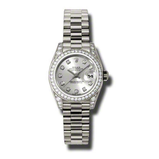 Rolex Lady-Datejust 26 Silver Dial 18K White Gold President Automatic Ladies Watch 179159SRP