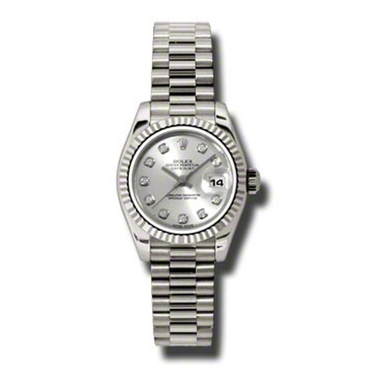 Rolex Lady-Datejust 26 Silver Dial 18K White Gold President Automatic Ladies Watch 179179SRP