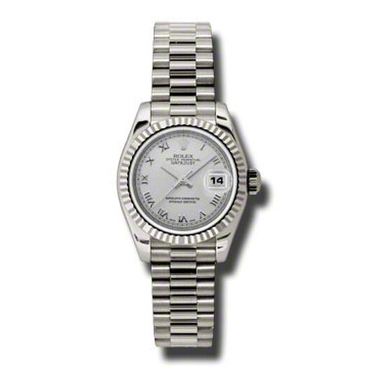 Rolex Lady-Datejust 26 Silver Dial 18K White Gold President Automatic Ladies Watch 179159SRP