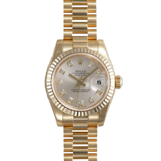 Rolex Lady-Datejust 26 Silver Dial 18K Yellow Gold President Automatic Ladies Watch 179178SDP