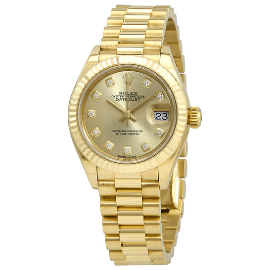 Rolex Lady-Datejust 28 Champagne Dial 18K Yellow Gold President Automatic Ladies Watch 279178CDP