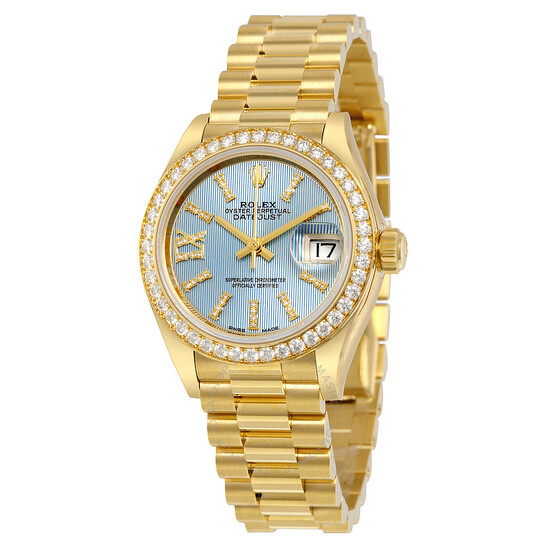 Rolex Lady-Datejust 28 Cornflower Blue Dial 18K Yellow Gold President Automatic Ladies Watch 279138BLSRDP