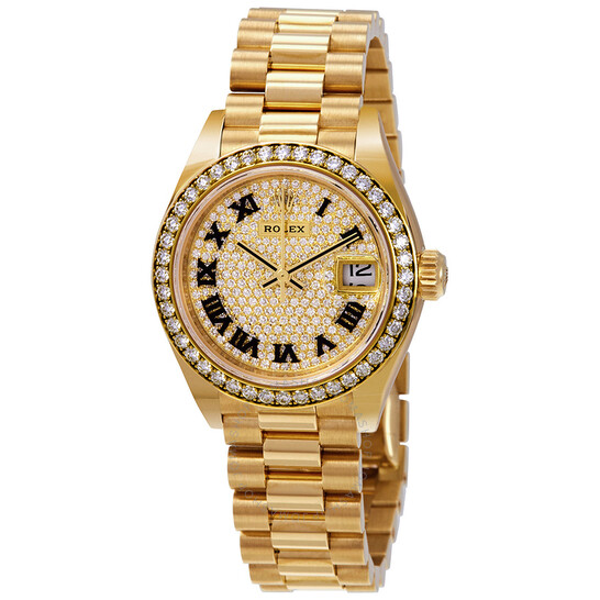 Rolex Lady-Datejust 28 Diamond-paved Dial Automatic Ladies 18kt Yellow Gold President Watch 279138DRP