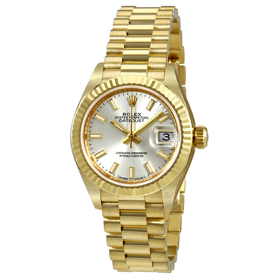 Rolex Lady-Datejust 28 Silver Dial 18K Yellow Gold President Automatic Ladies Watch 279178SSP