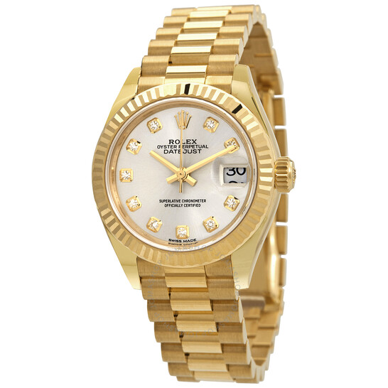 Rolex Lady Datejust Silver Diamond Dial 18 Carat Yellow Gold President Watch 279138SRDP