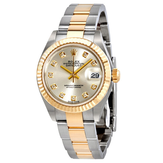 Rolex Lady-Datejust Silver Diamond Dial Ladies 18kt Yellow Gold President Watch 279178SRDP