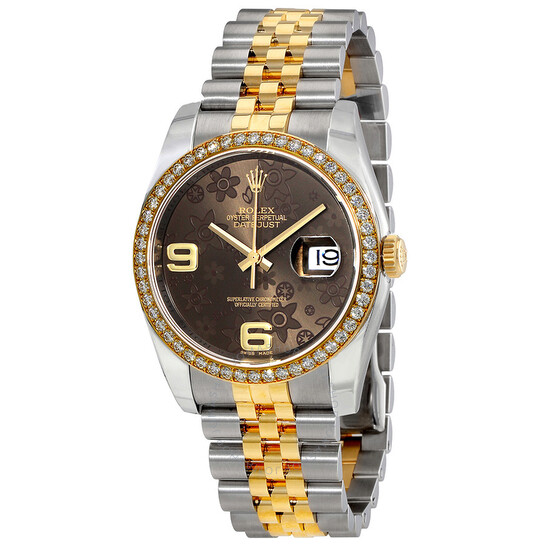 Rolex Oyster Perpetual Datejust 36 Brown Floral Dial Stainless Steel and 18K Yellow Gold Jubilee Bracelet Automatic Ladies Watch 116243BRFAJ