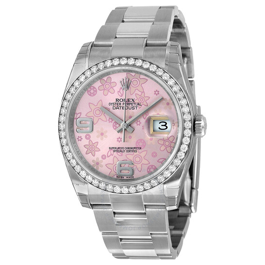 Rolex Oyster Perpetual Datejust 36 Pink Floral Dial Stainless Steel Bracelet Automatic Ladies Watch 116244PFAO