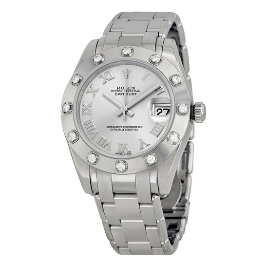 Rolex Oyster Perpetual Datejust Rhodium Dial 18k White Gold Pearlmaster Automatic Ladies Watch 81319RRO