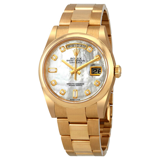 Rolex Oyster Perpetual Day-Date Mother of Pearl Dial Automatic Ladies 18 Carat Yellow Gold Oyster Watch 118208MDO