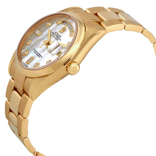 Rolex Oyster Perpetual Day-Date Mother of Pearl Dial Automatic Ladies 18 Carat Yellow Gold Oyster Watch 118208MDO