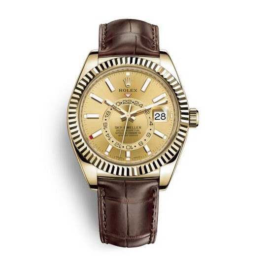 Rolex Sky-Dweller Champagne Dial Automatic 18kt Yellow Gold Men’s Leather Watch 326138CSL