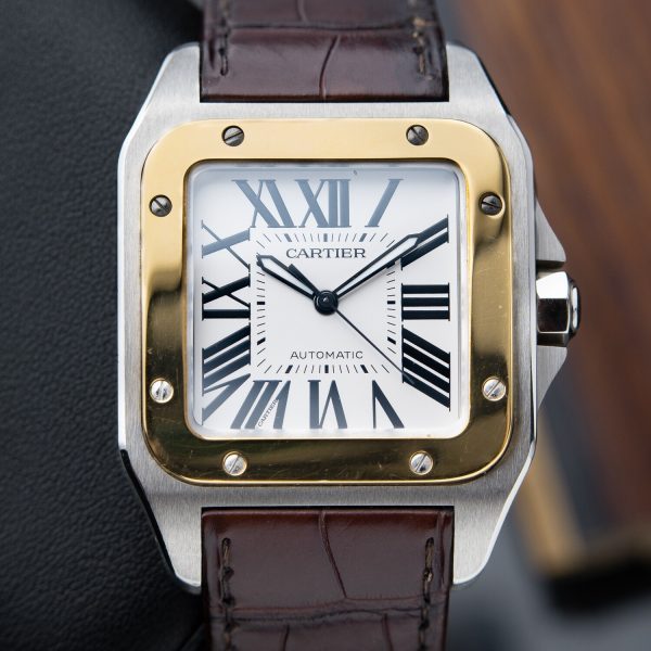 CARTIER Santos 100 XL Two Tone Gold Steel White Leather Automatic 3774 W20072X7