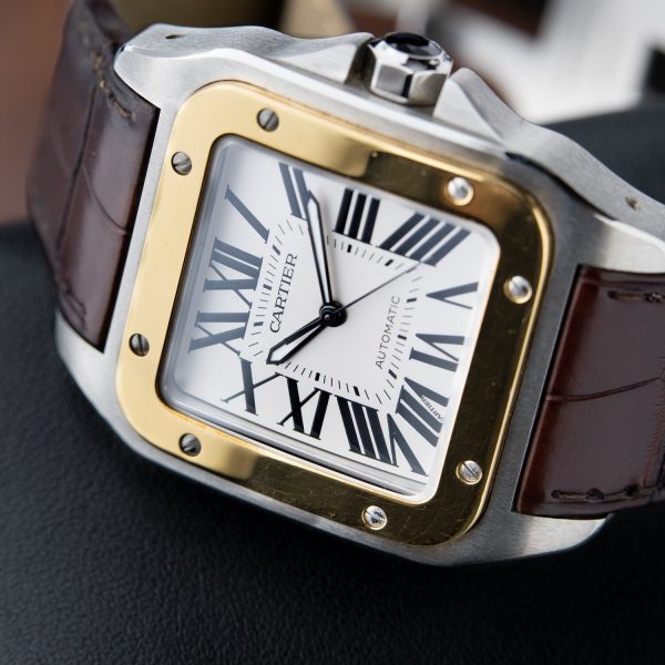 CARTIER Santos 100 XL Two Tone Gold Steel White Leather Automatic 3774 W20072X7