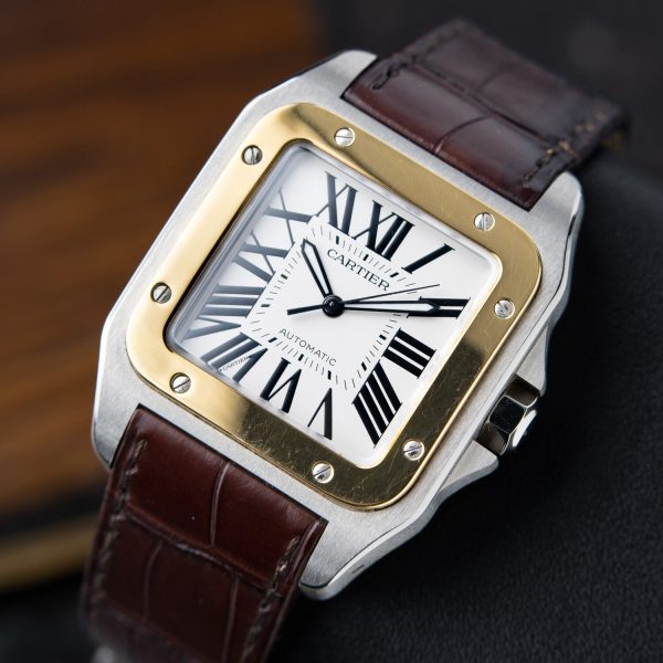 CARTIER Santos 100 XL Two Tone Gold Steel White Leather Automatic 3774 W20072X7