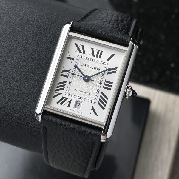 CARTIER Tank Must XL Automatic Steel Black Leather Silver Dial WSTA0040