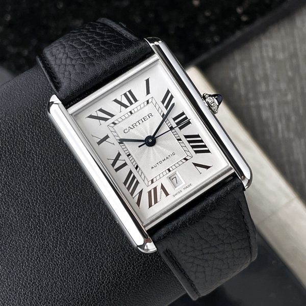 CARTIER Tank Must XL Automatic Steel Black Leather Silver Dial WSTA0040