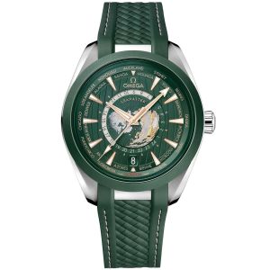 Omega Seamaster Aqua Terra 150m Co Axial Master Chronometer GMT Worldtimer 43mm Mens Watch Green Rubber 220.32.43.22.10.001